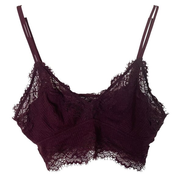 Aerie M Ribbed Lace Bralette Burgundy Adjustable Straps Wireless Longline - Picture 1 of 6